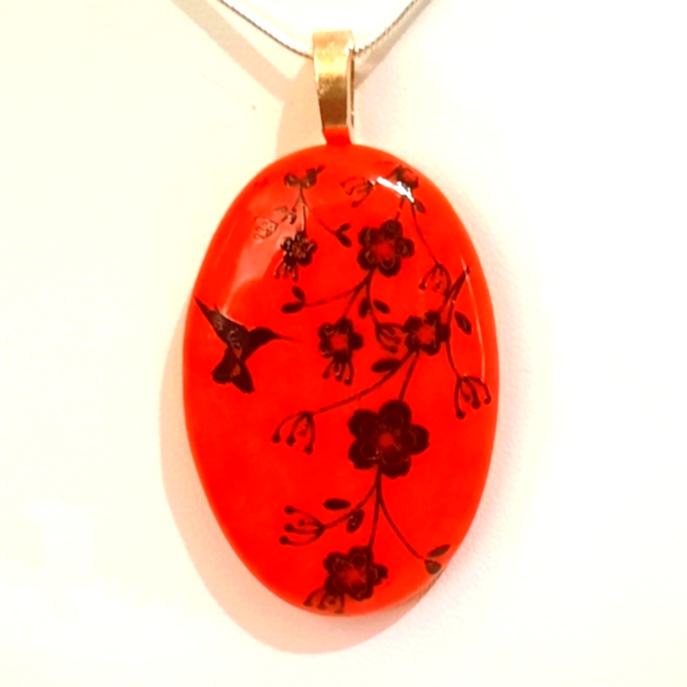 Stained Glass Orange Necklace With Black Hummingbird And Flower Decal